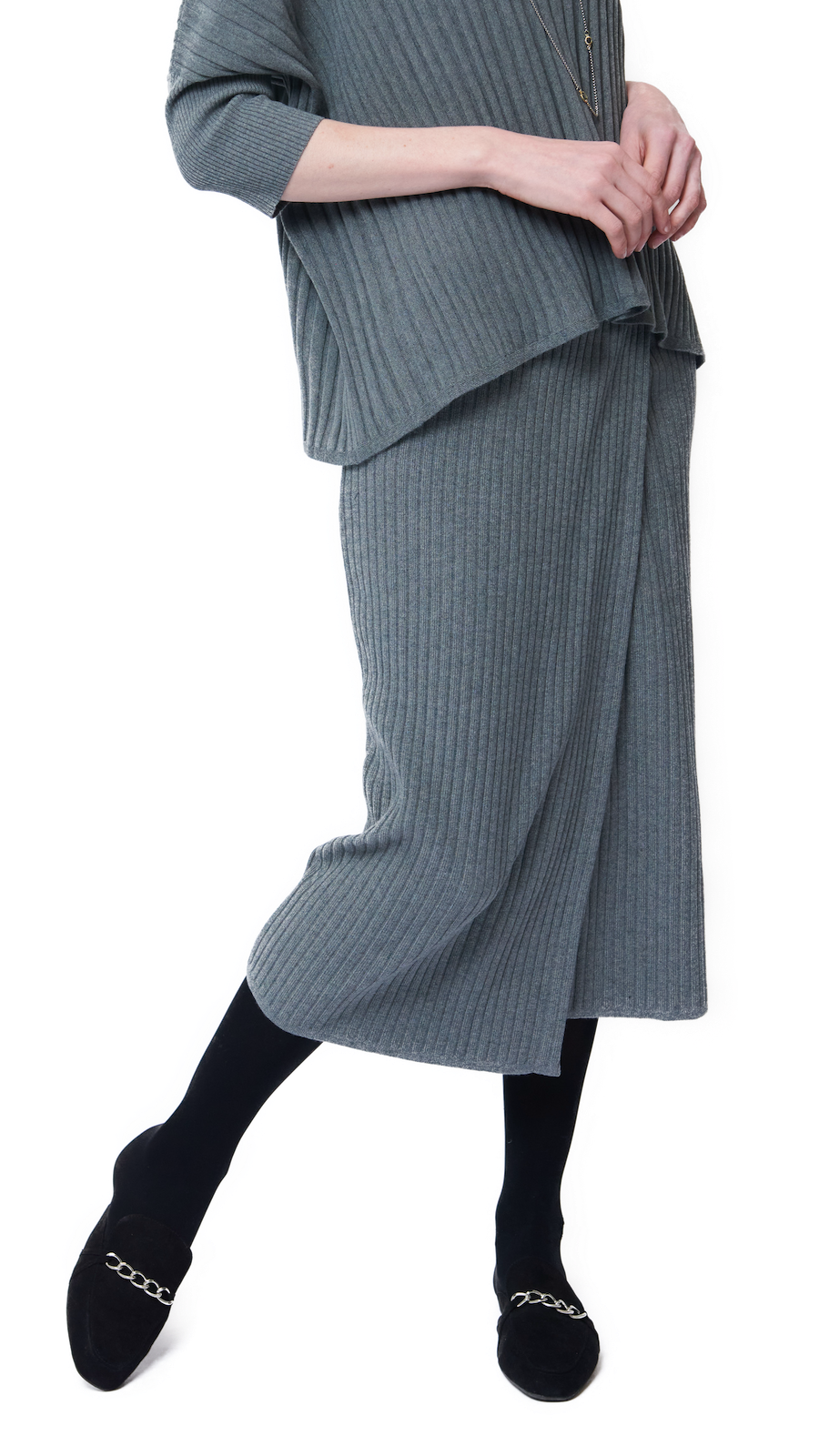 Lexi RIb-Knit Midi Wrap Skirt; Gray