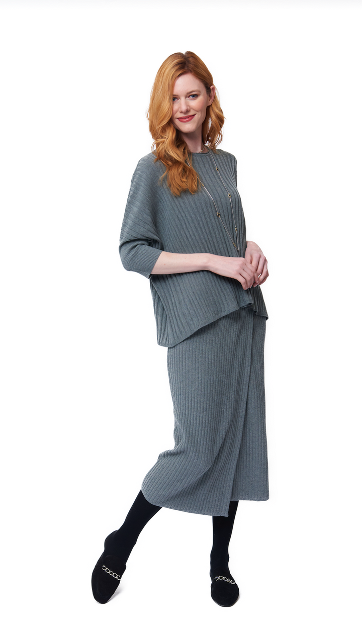 Lexi RIb-Knit Midi Wrap Skirt; Gray