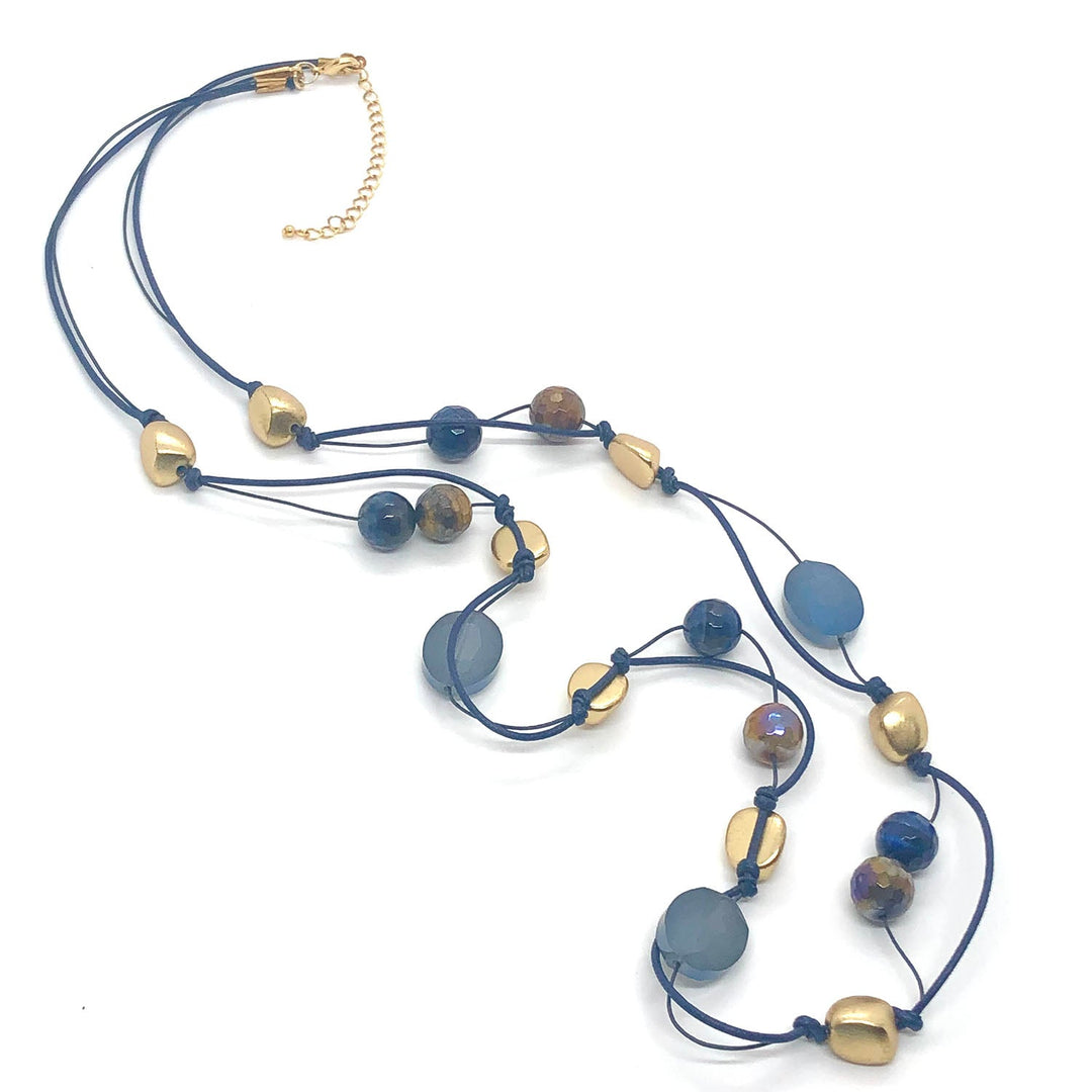 Matte Labradorite Crystal And Blue And Brown Glazed Tiger Eye Long Layer Necklace