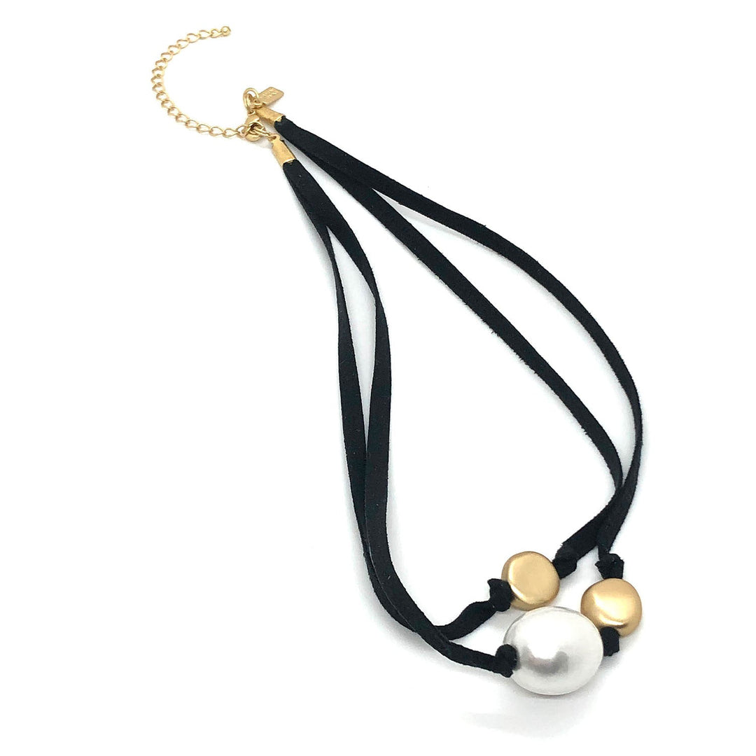 Cotton Pearl And And Matte Gold Flat Bead 2 Strand Black Suede Necklace