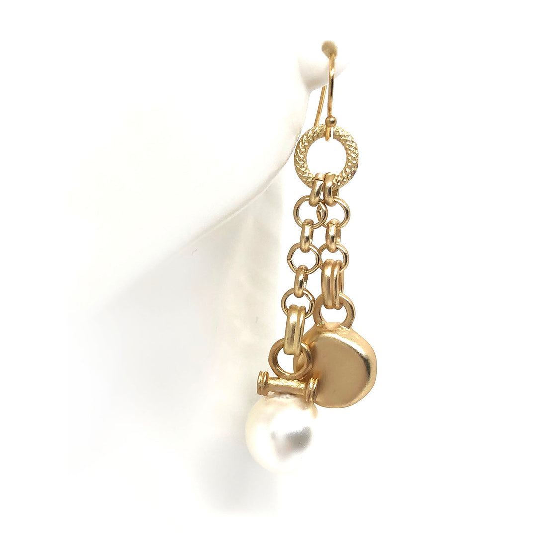 White Pearl Matte Gold Rolo Chain Matte Gold Charm Earrings
