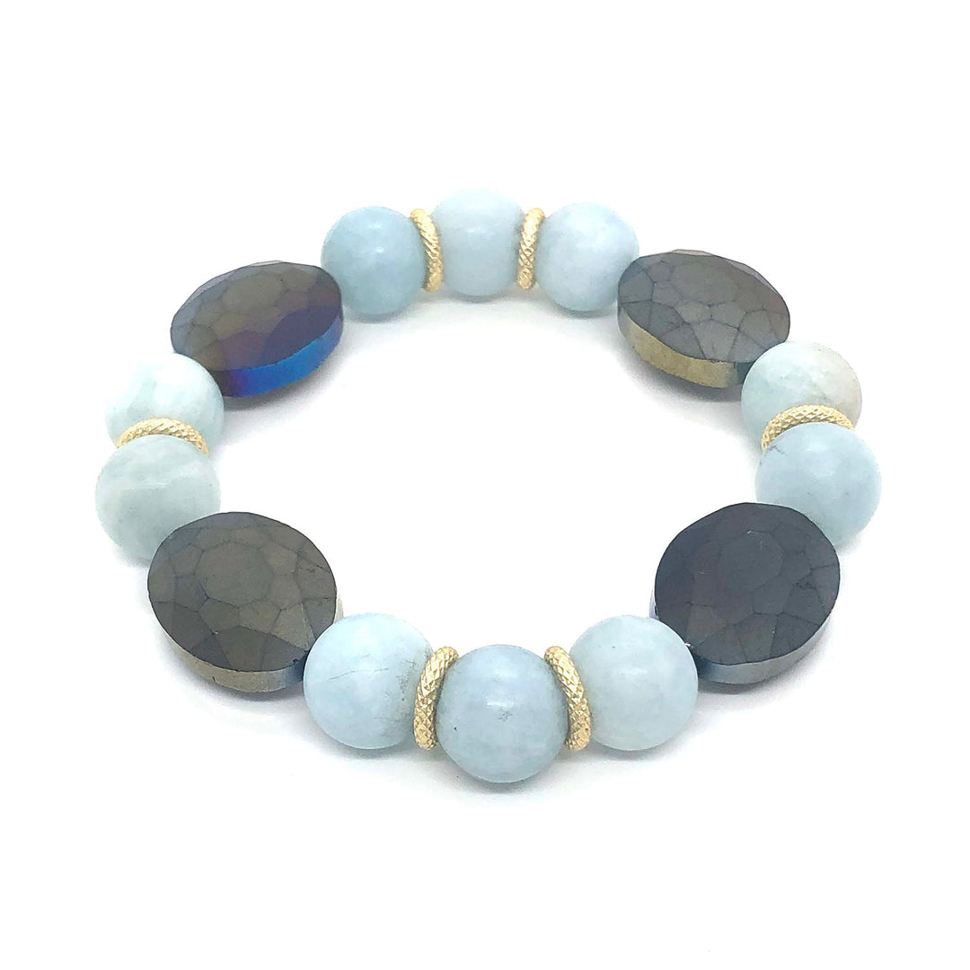 Matte Aqua Marine And Matte Gray Crystal Matte Gold Roundel Stretch Bracelet