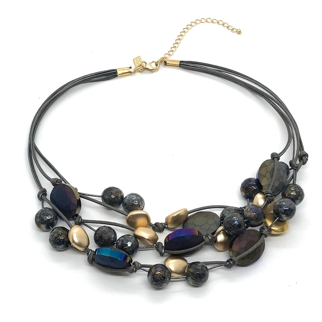 Matte Gray Crystal and Lavakite Matte Gold Pebble Torsade Necklace