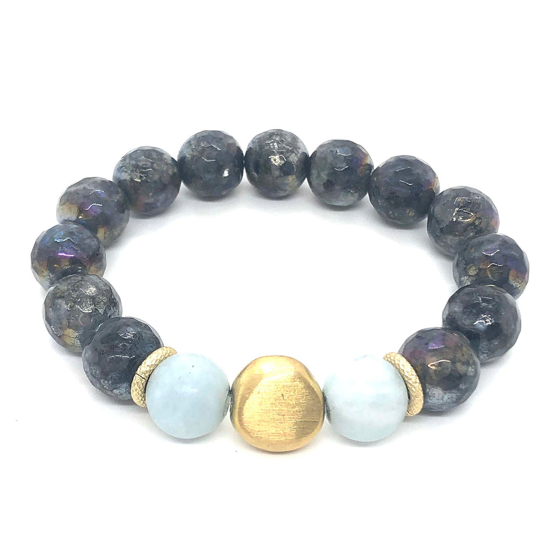 Lavakite And Matte Aqua Marine Matte Gold Nugget Stretch Bracelet