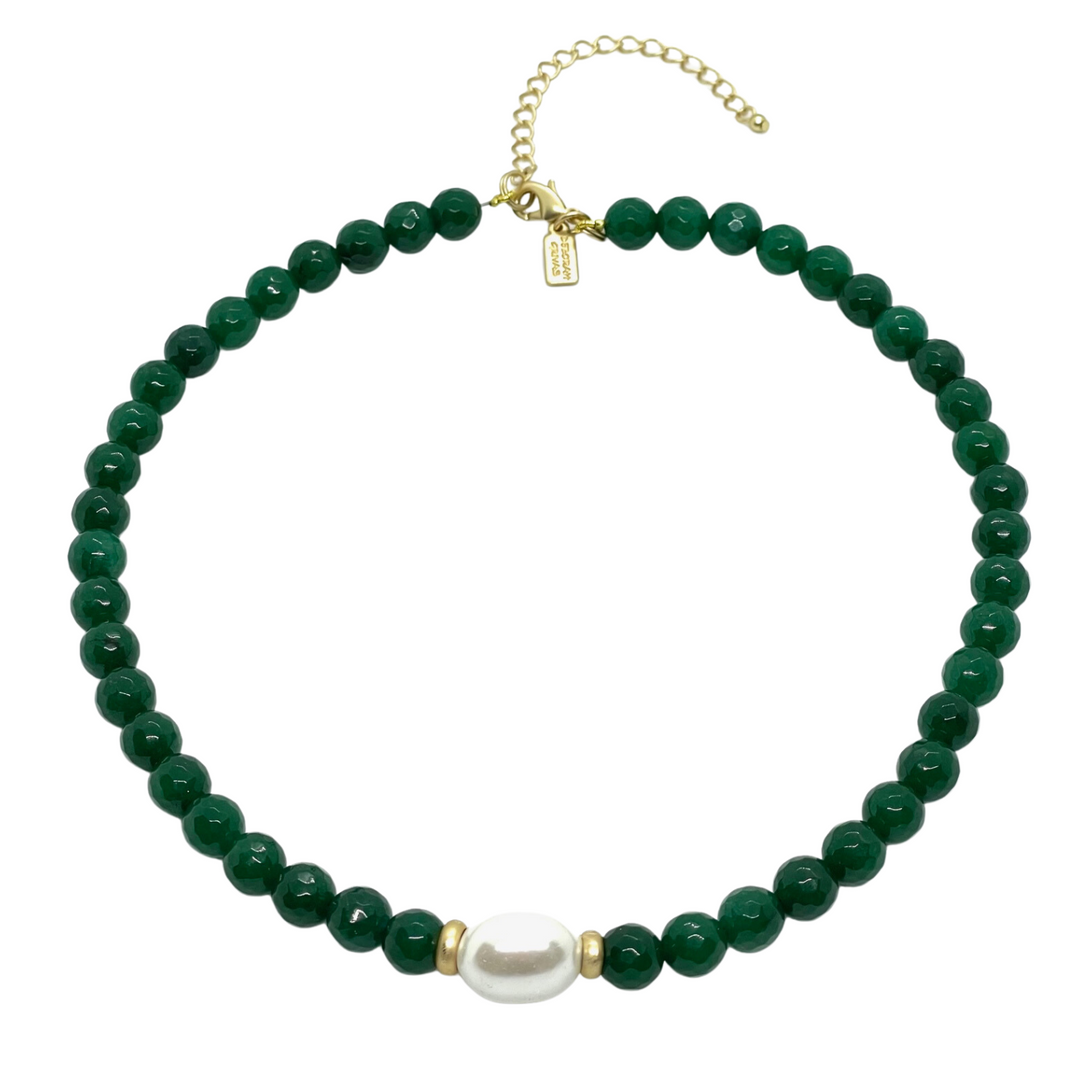 Green Jade Necklace With Mother of Pearl Accent