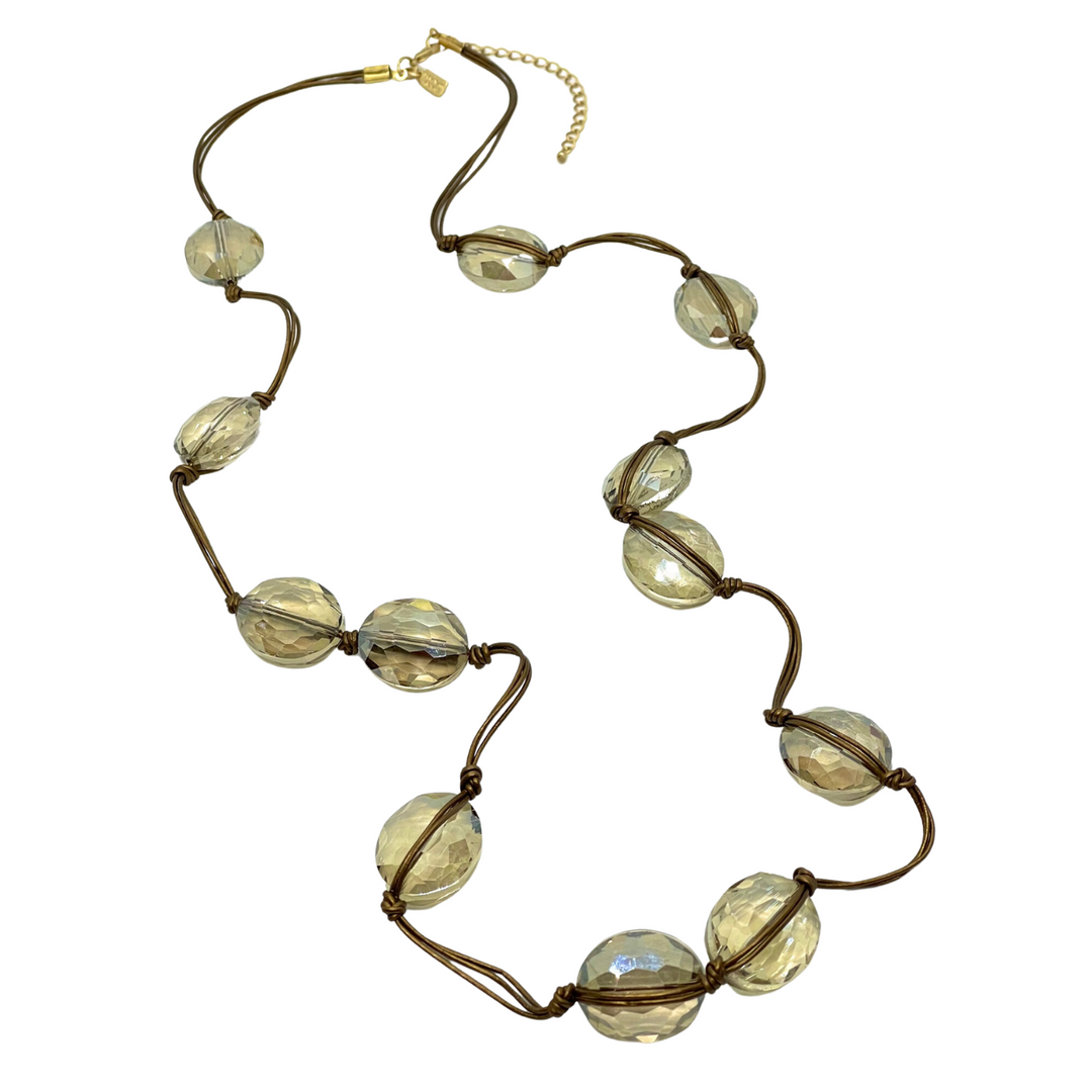Long Champagne Crystal Necklace on Bronze Leather