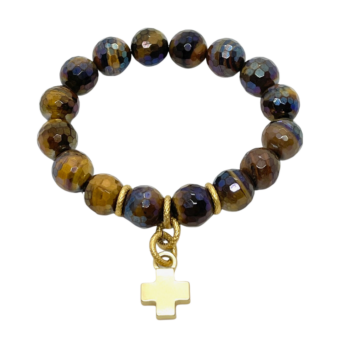 Tiger's Eye Stretch Bracelet With Matte Gold Cross