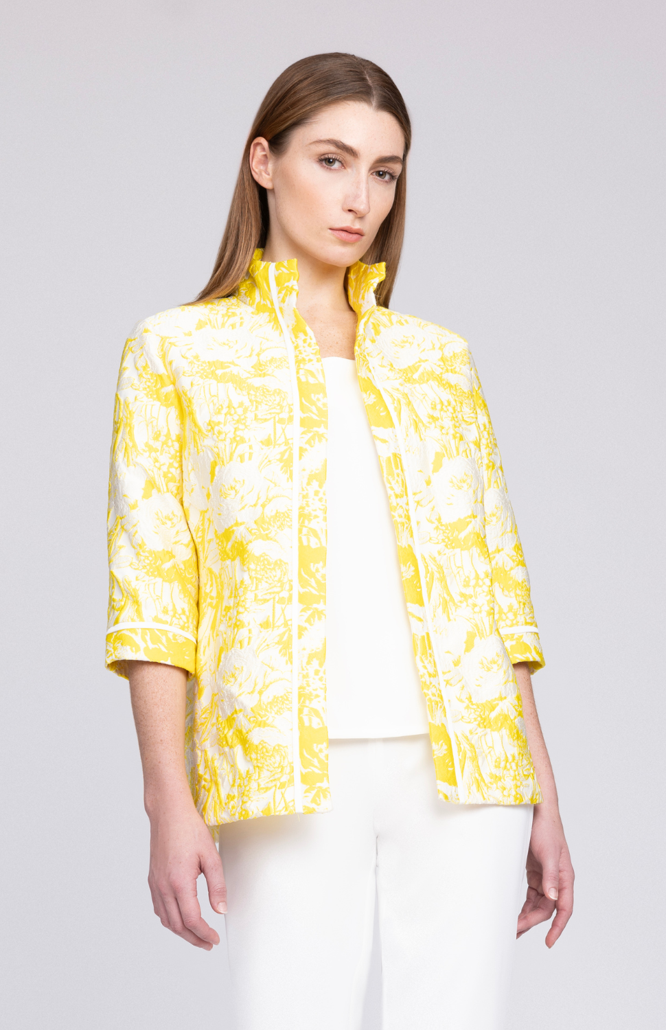 PREORDER Abstract Flora Jacquard Open Front High Neck Shirt w/ Bias