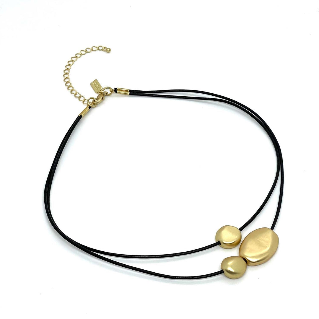 Matte Gold Bead Waxed Black Linen Graduated Necklace