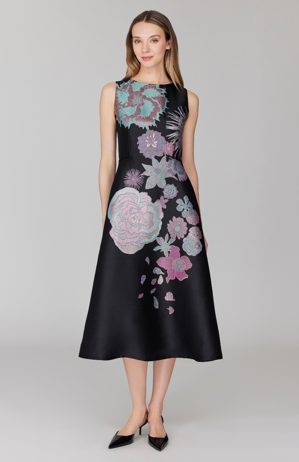 Metallic Scattered Flora Sleeveless Fit & Flare Dress 4 / Black Multi QJ