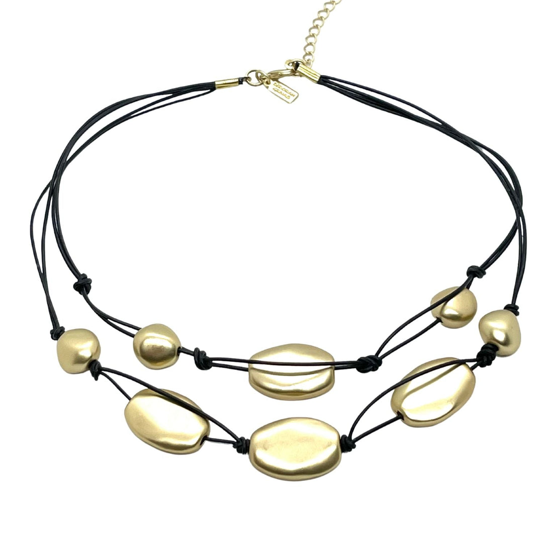 Matte Gold Plate Bead Two Strand Graduated Black Leather Necklace