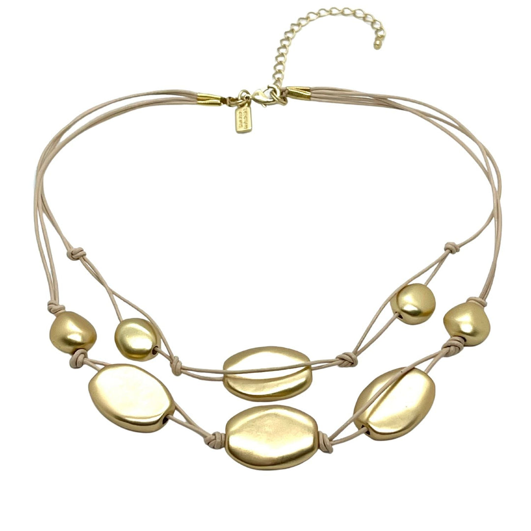 Matte Gold Plate Bead Two Strand Graduated Putty Leather Necklace