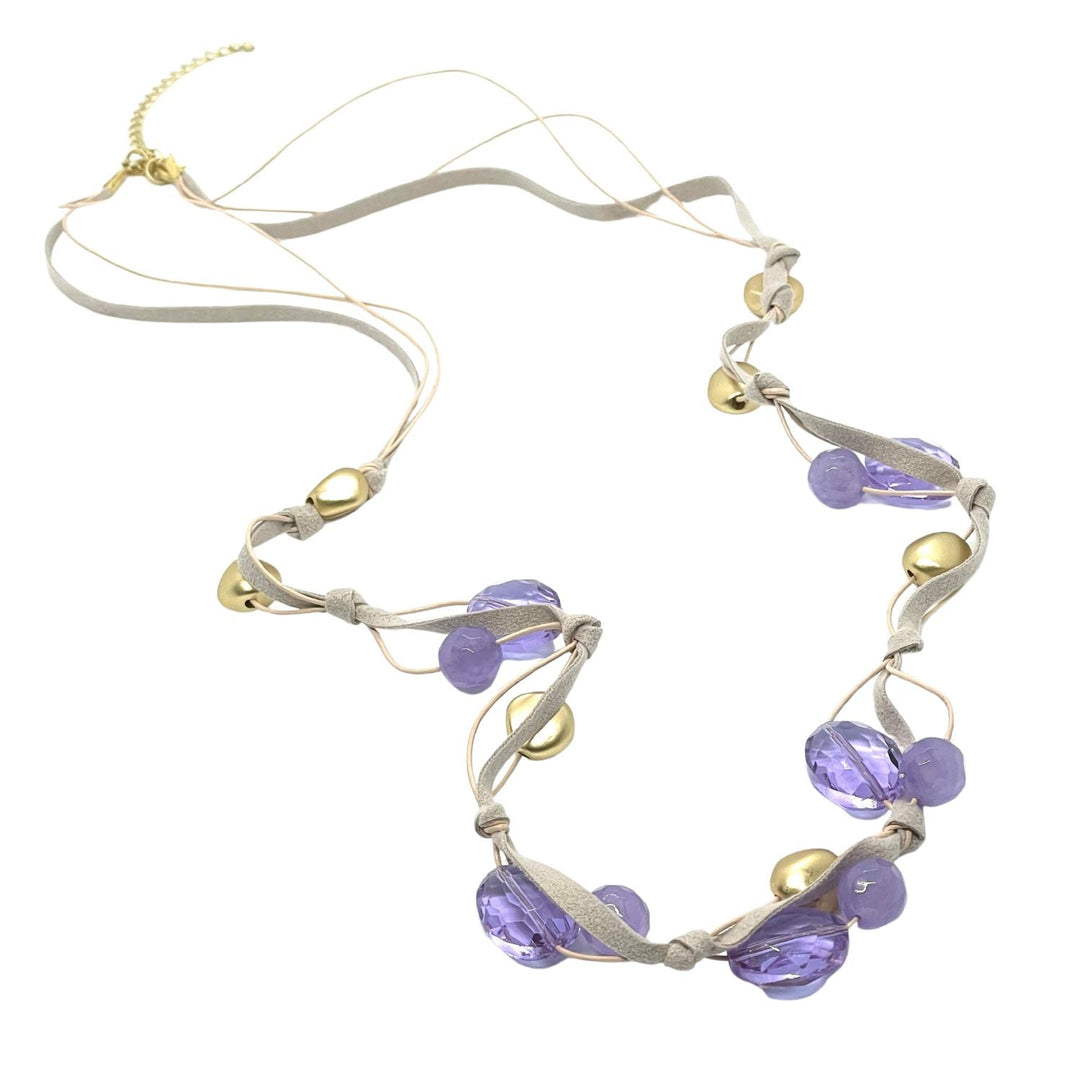 Lavender Jade And Crystal With Matte Gold Accents Leather and Suede Long Necklace