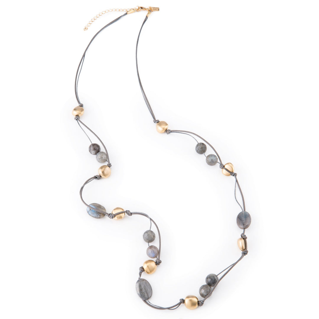 Natural Labradorite And Matte Gold Bead Gray Linen Long Necklace