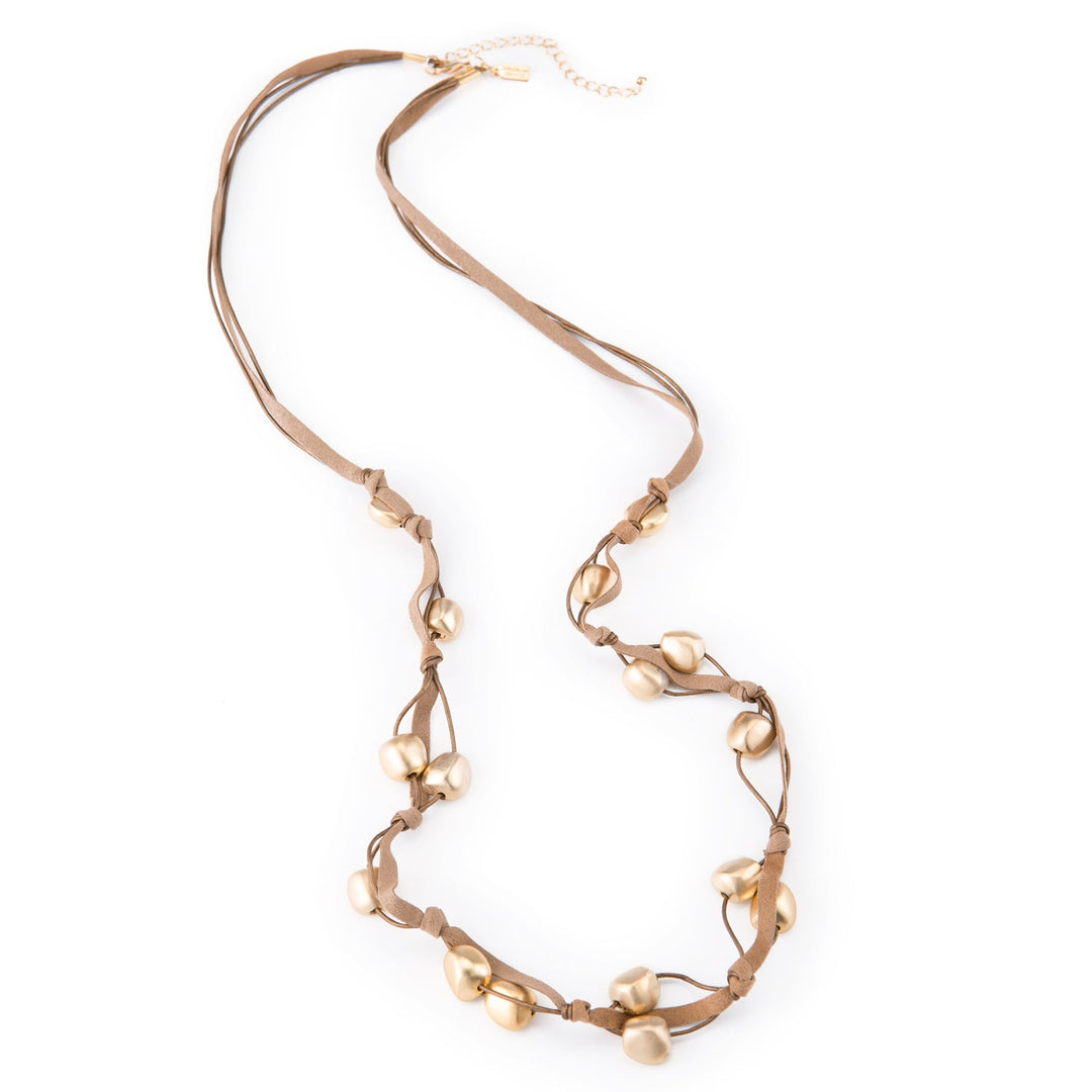 Matte Gold Bead Bronze Suede Long Layer Necklace