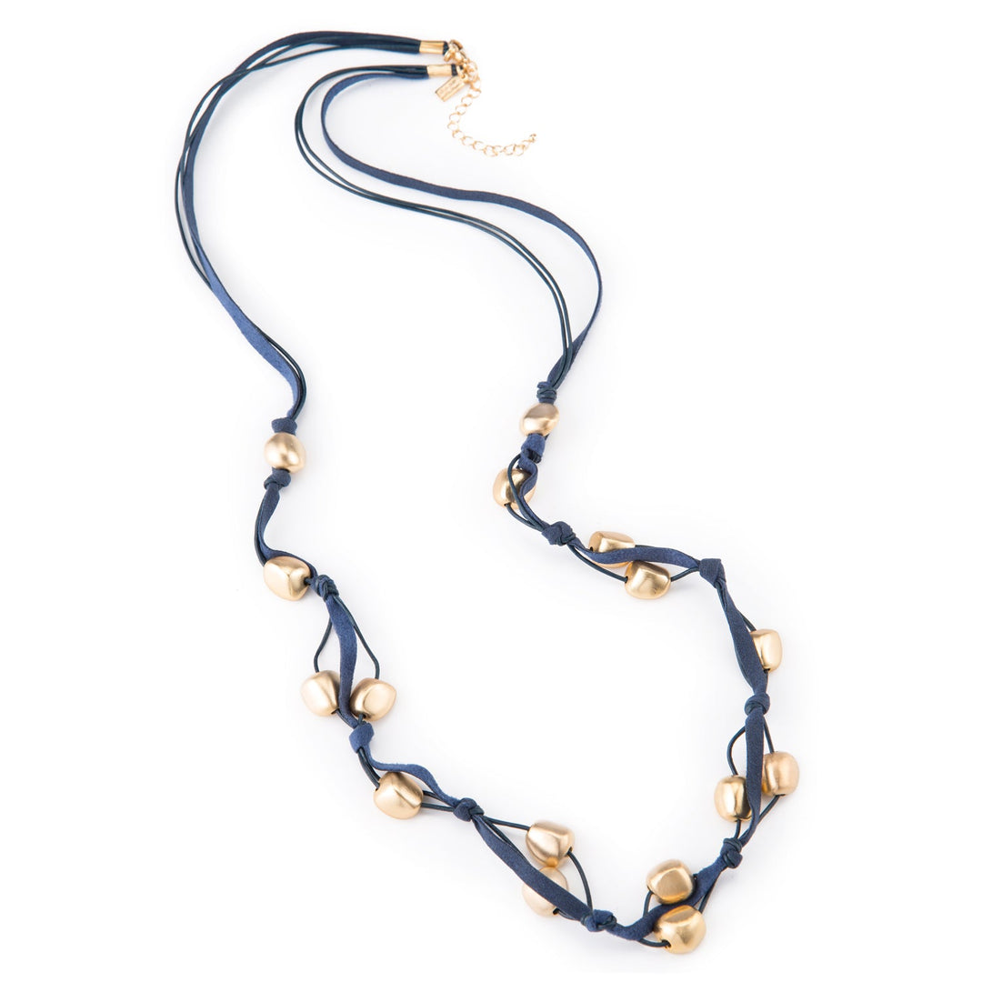 Matte Gold Bead Navy Suede Layer Necklace