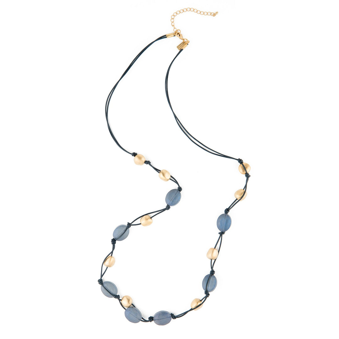 Matte Blue Labradorite Crystal And Matte Gold Pebble Bead Long Layer Necklace