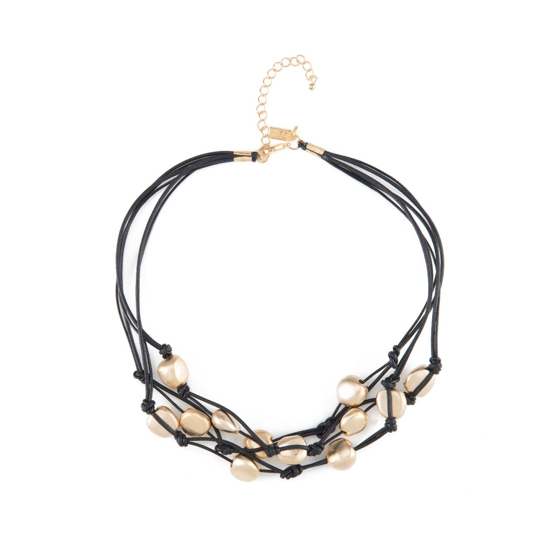 Matte Gold Bead Three Strand Black Leather Necklace