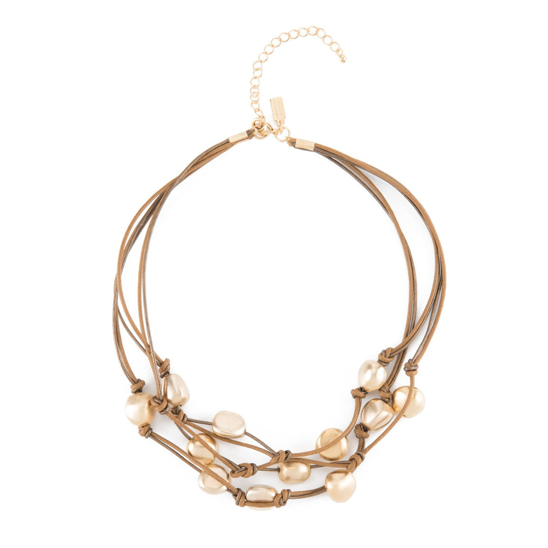 Matte Gold Pebble Bead Three Strand Bronze Leather Necklace
