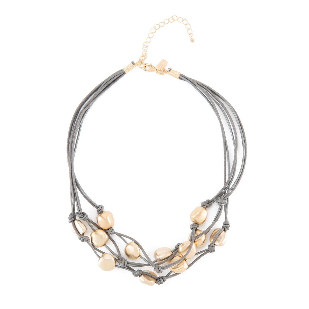 Matte Gold Pebble Bead Three Strand Platinum Leather Necklace
