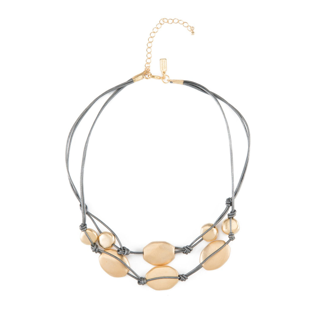 Matte Gold Plate Bead Two Strand Graduated Platinum Leather Necklace