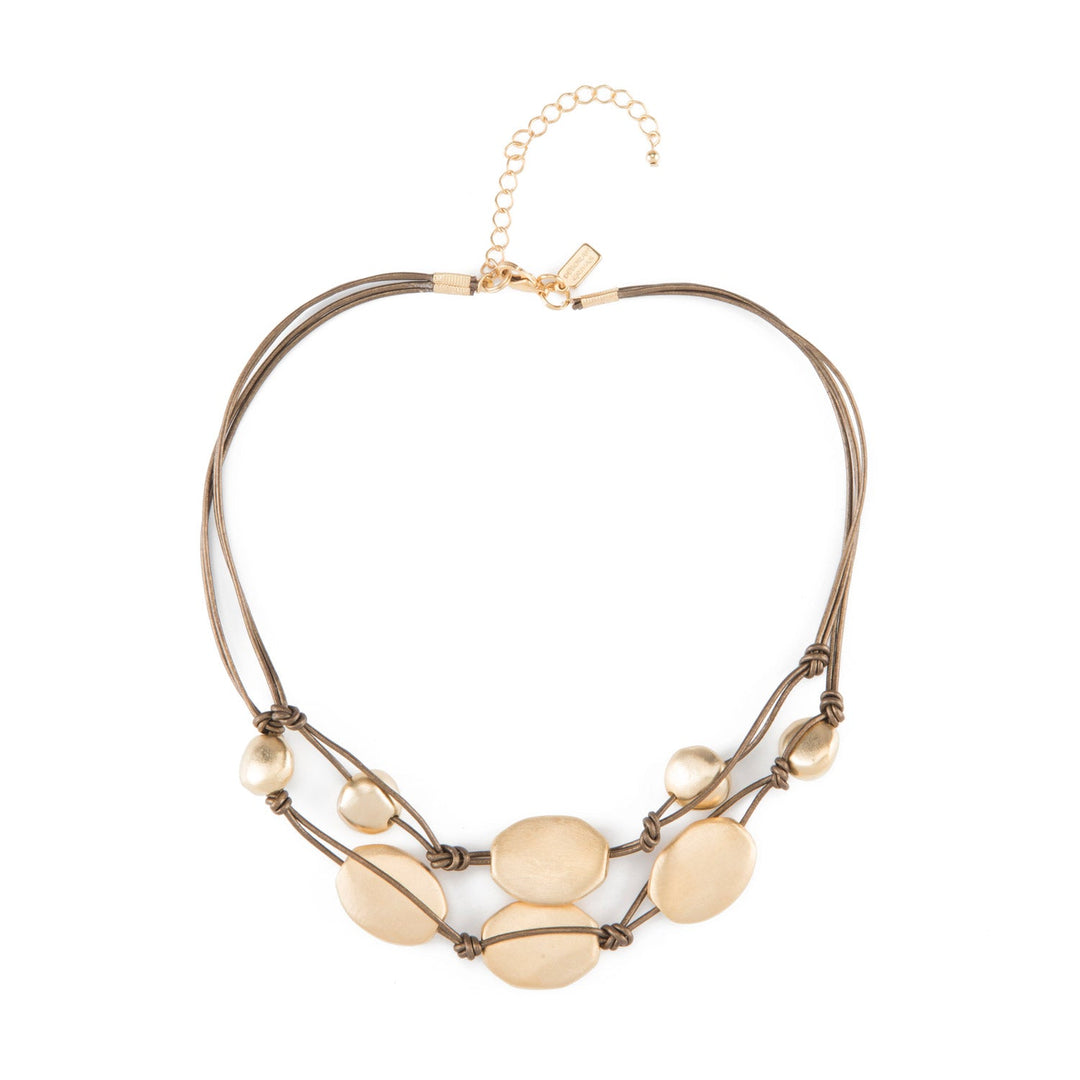 Matte Gold Plate Bead Two Strand Graduated Bronze Leather Necklace