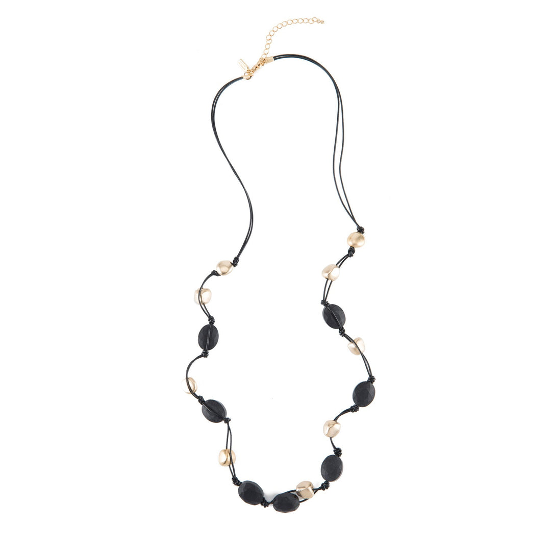 Matte Black Crystal And Matte Gold Pebble Bead Black Leather Layer Necklace