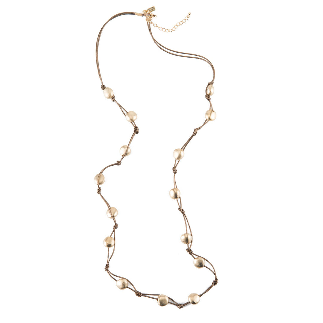 Matte Gold Bead Bronze Leather Layer Necklace