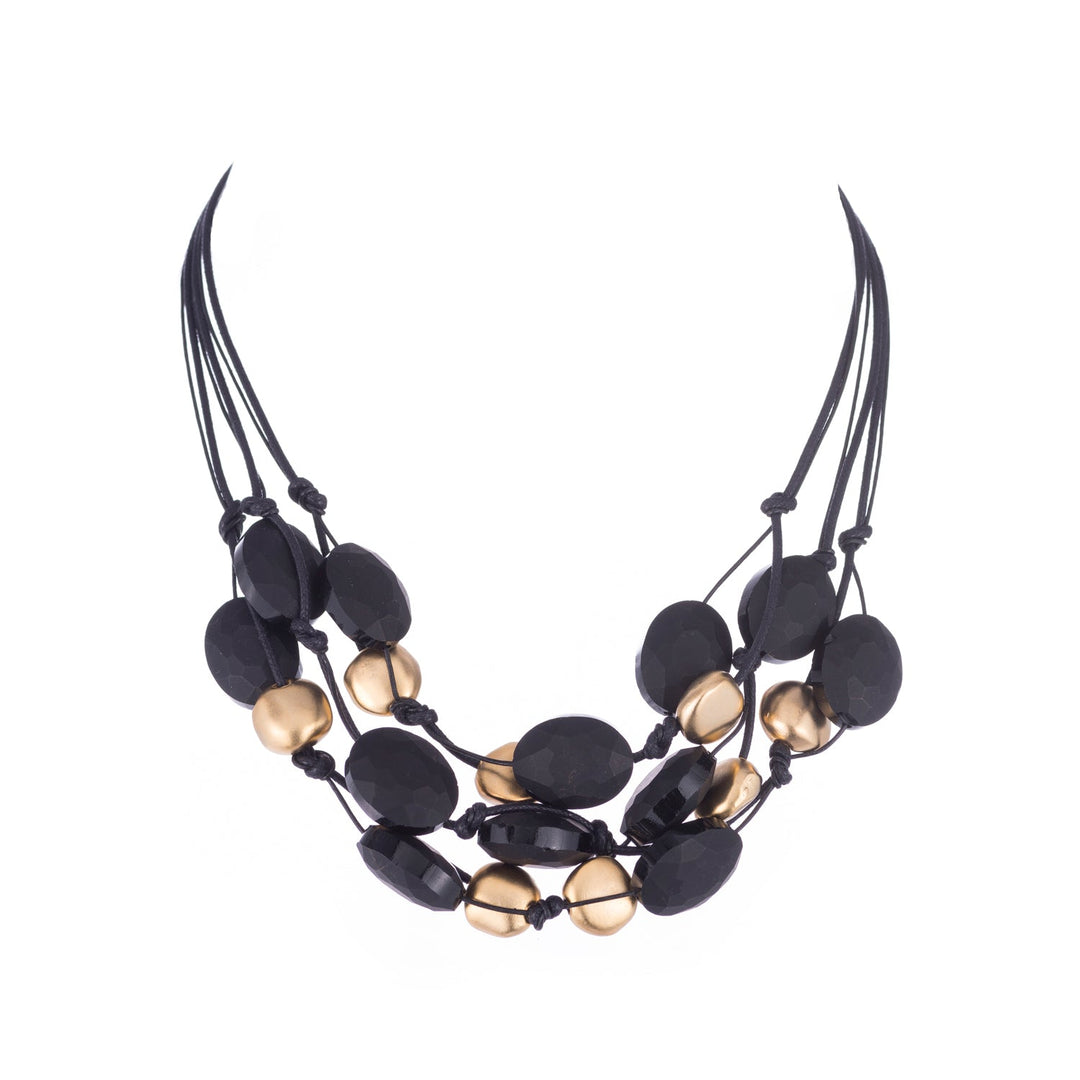 Matte Black Crystal And Matte Gold Pebble Bead Torsade Necklace