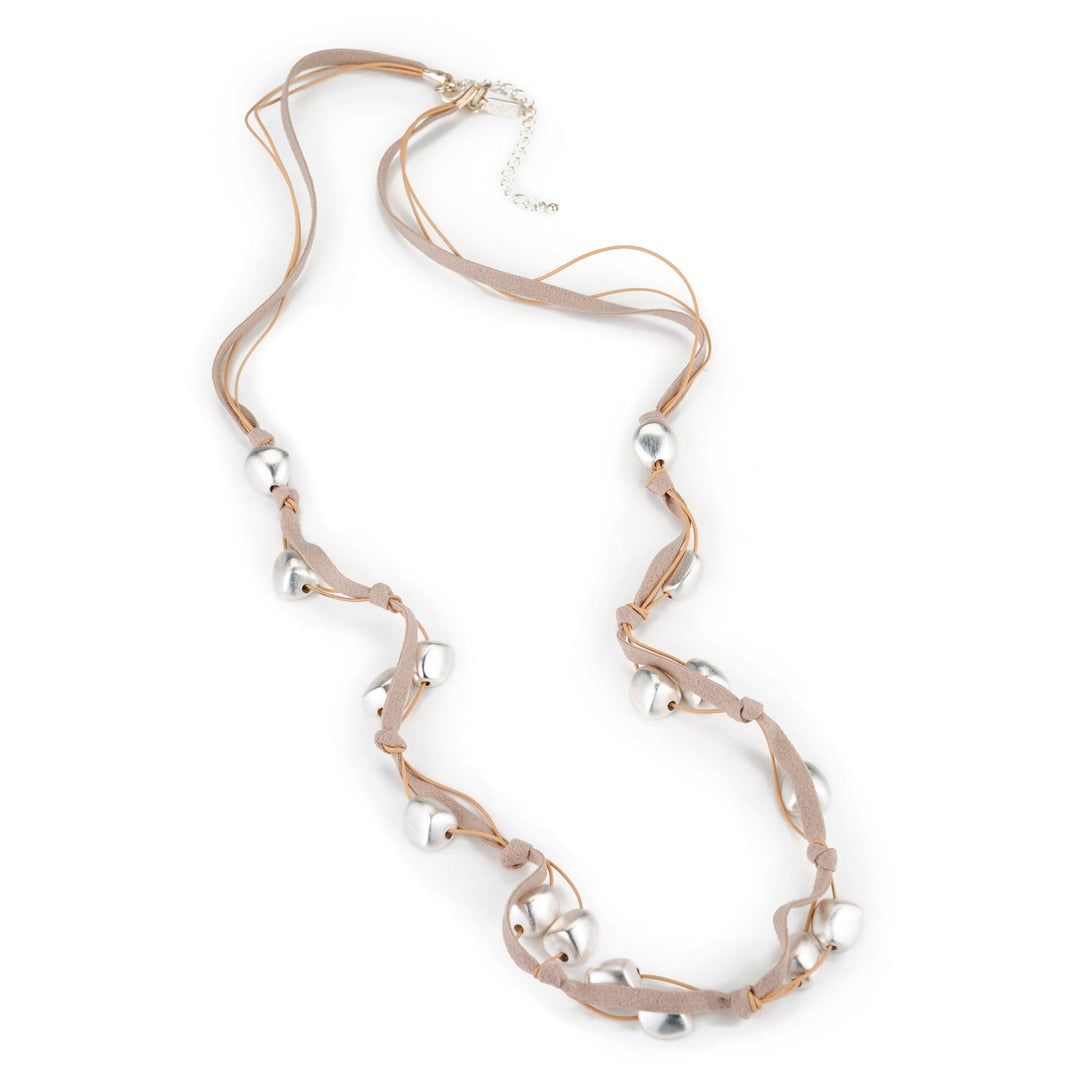 Matte Silver Bead Natural Suede Layer Necklace