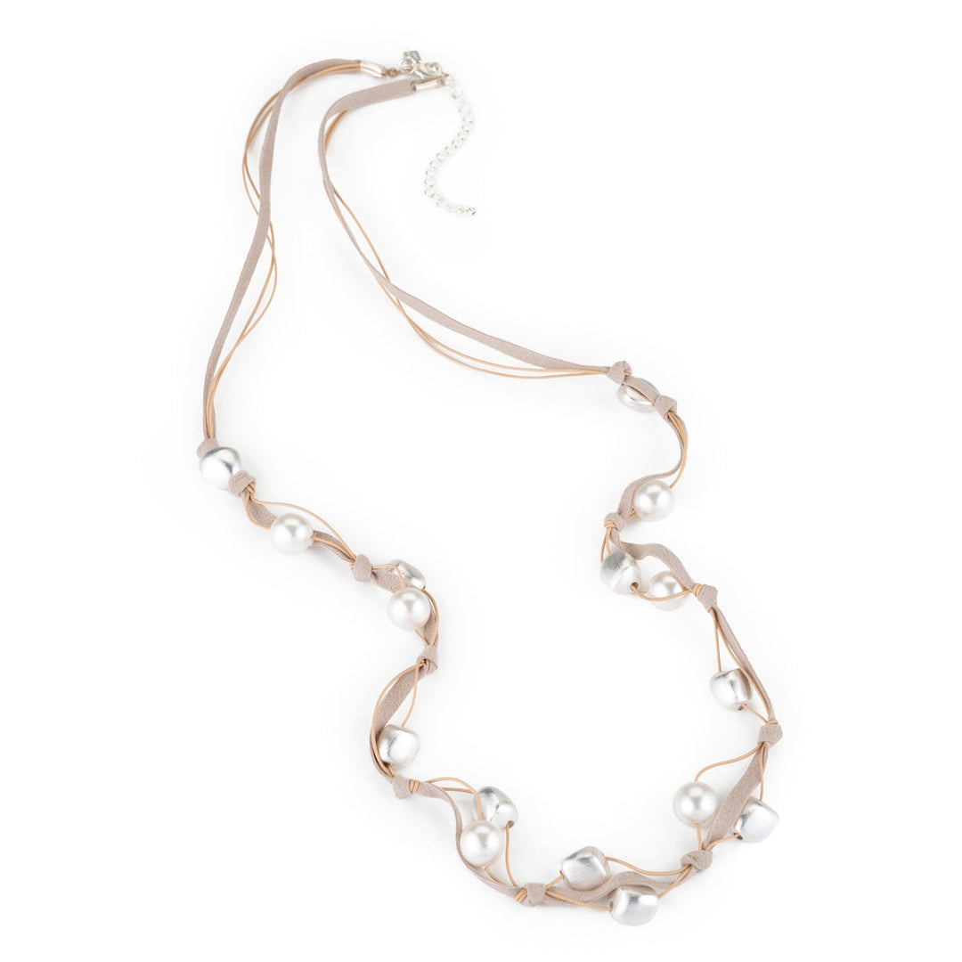 Matte Silver Bead With Pearl Leather Layer Necklace