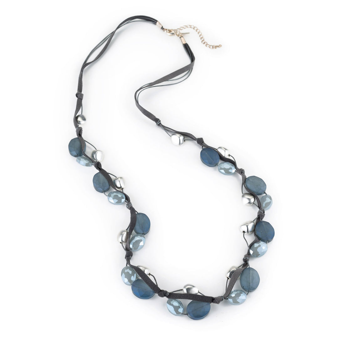 Matte Labradorite Oval Crystal,Blue Velvet Crystal And Silver Long Layer Necklace