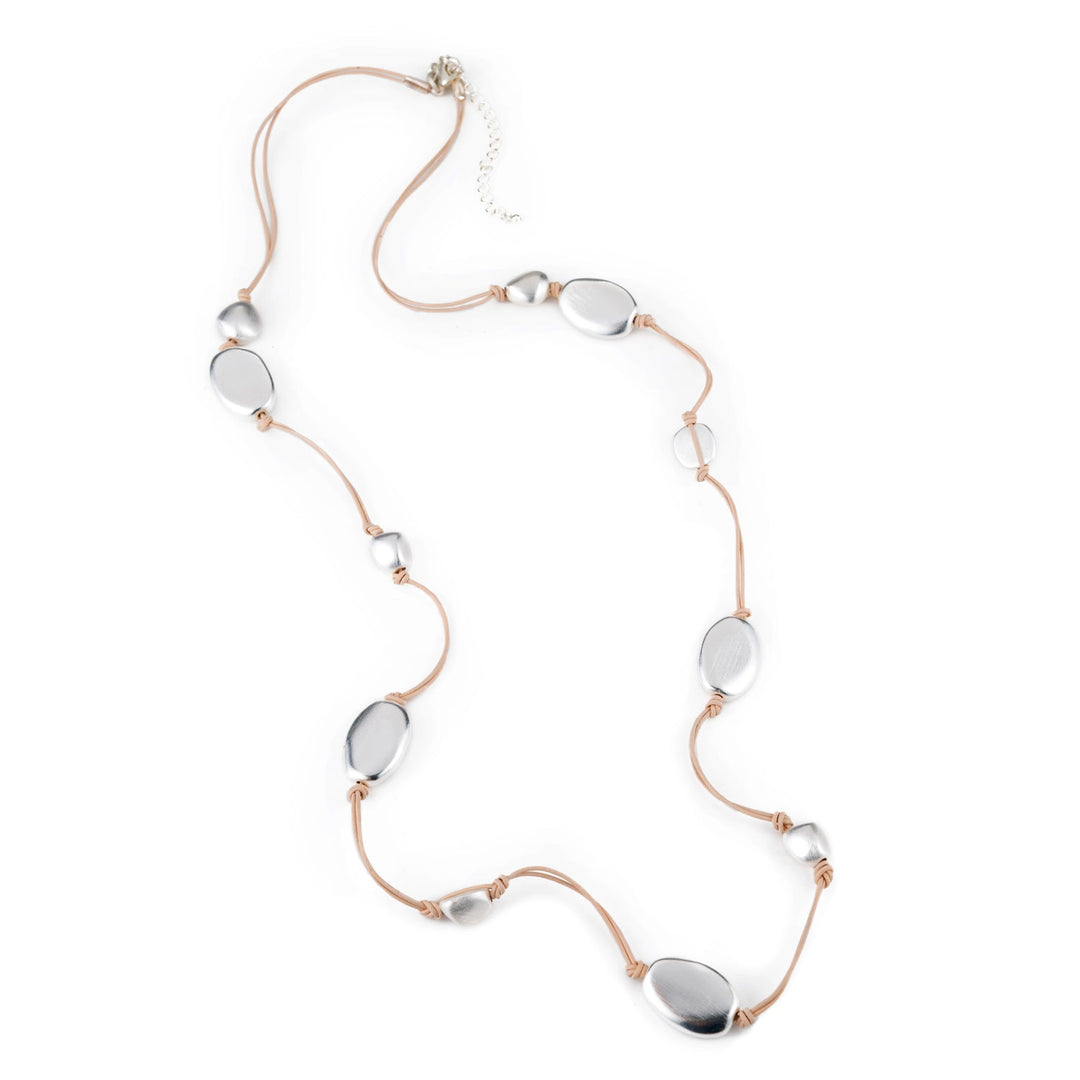 Matte Silver Bead Putty Leather Layer Necklace