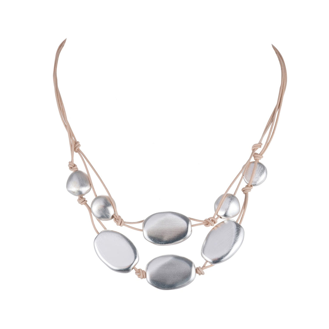 Matte Silver Bead Two Strand Graduated Putty Leather Necklace