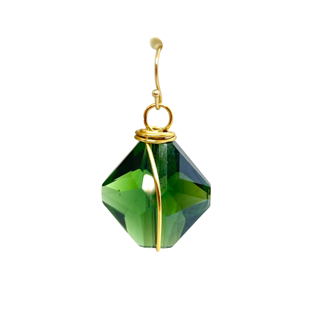 Green Diamond Shape Crystal Wire Wrap Earrings