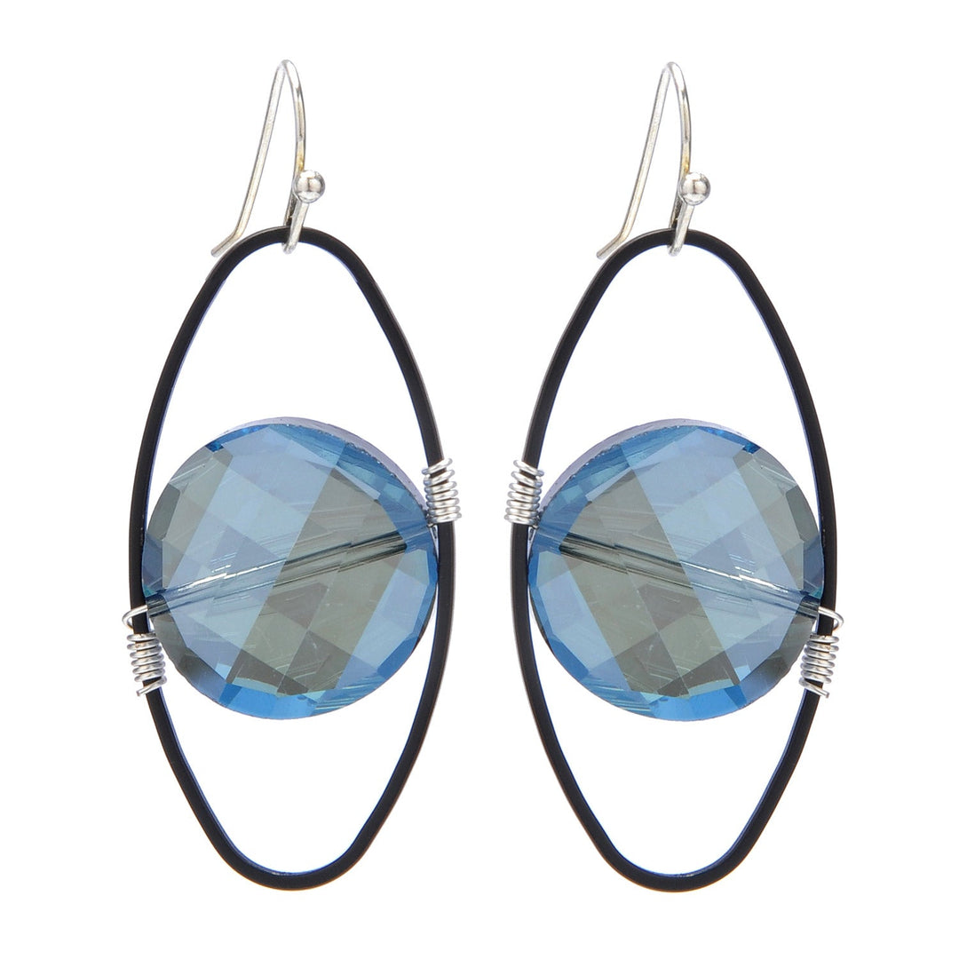 Blue Crystal Oval On Matte Black Earrings