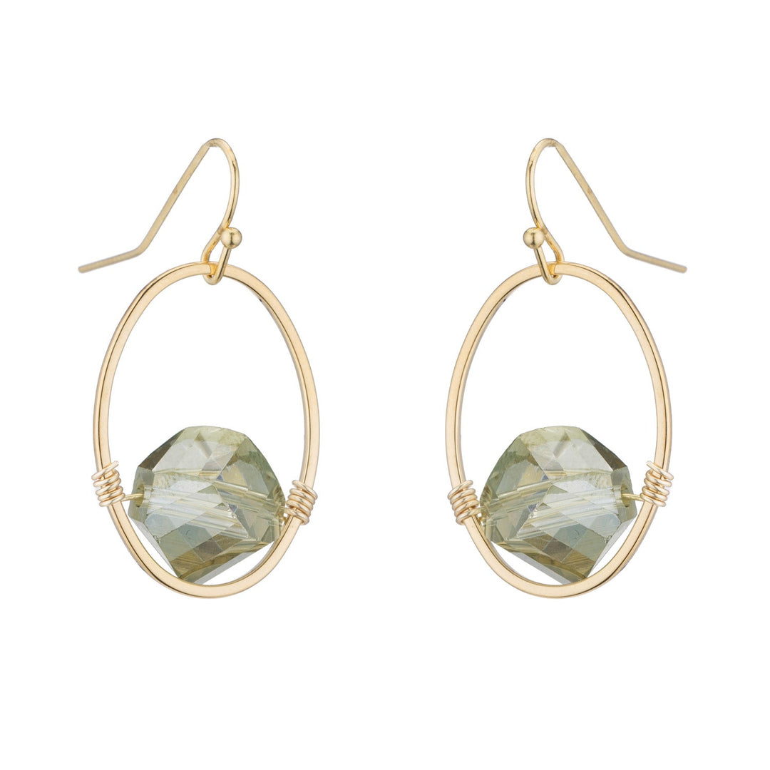 Olive Faceted Crystal Oval Gold Wrap Earrings