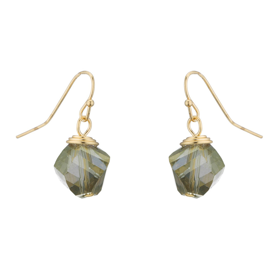 Olive Faceted Crystal Top Twist 14Kt Gold Plate Earrings