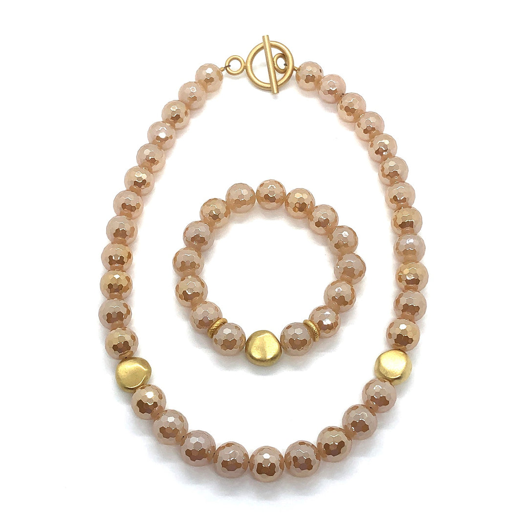 Champagne(Lco) Glazed Agate With Matte Gold Plate Beads Necklace And Flat Nugget Stretch Bracelet