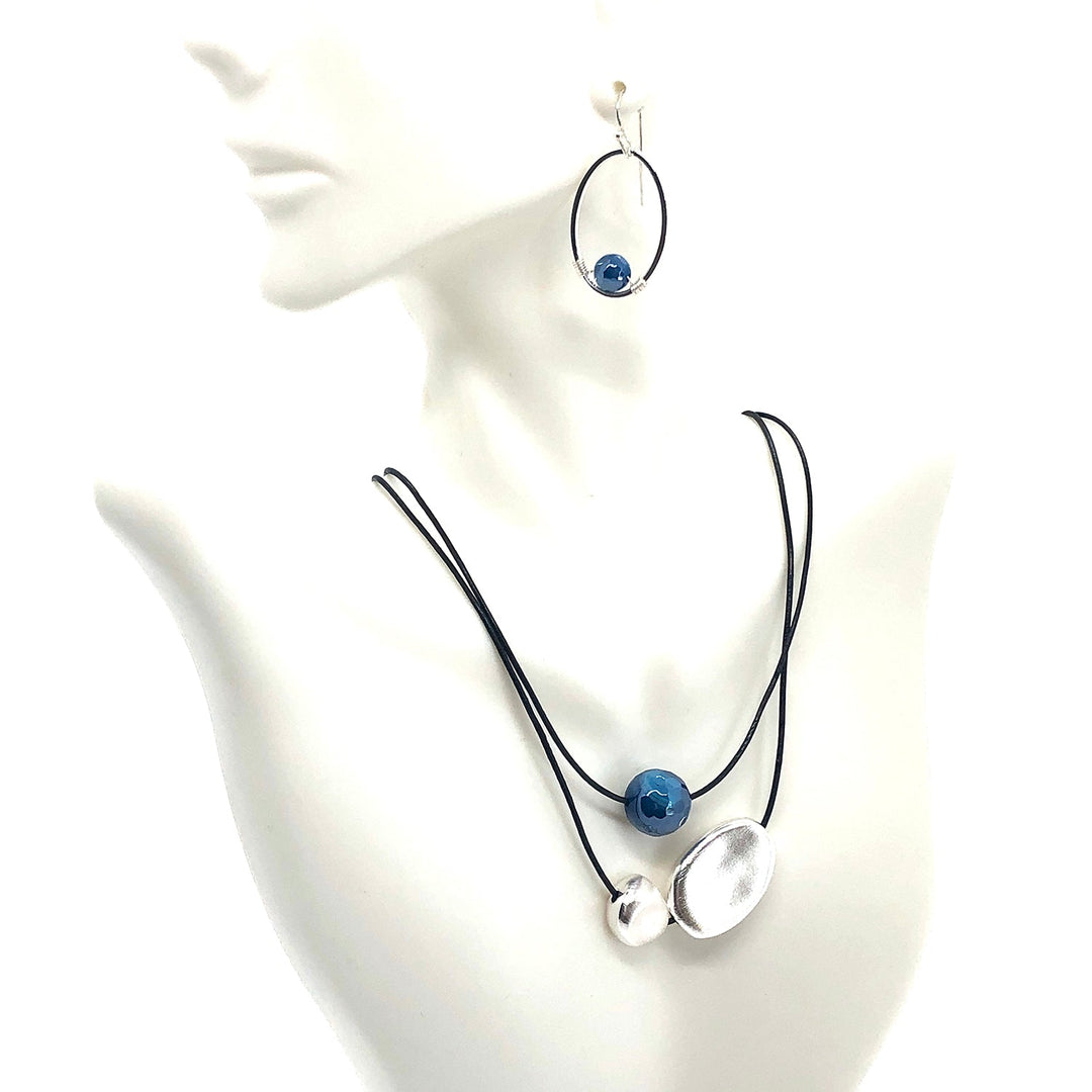 Blue Glazed Agate With Matte Silver Beads Graduated Black Leather Necklace