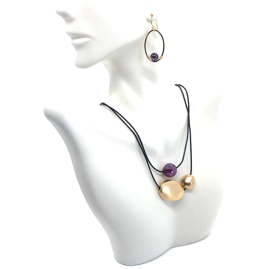 Magenta Glazed Agate With Matte Gold Beads Graduated Black Leather Necklace Magenta Glazed Agate Oval Wire Wrap Earring