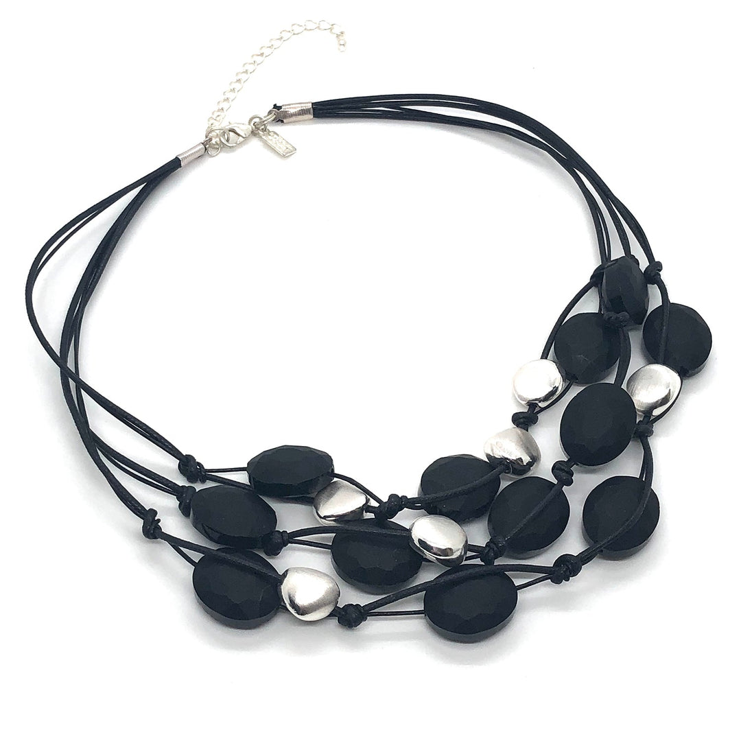 Matte Black Oval Crystal And Matte Silver Bead Necklace