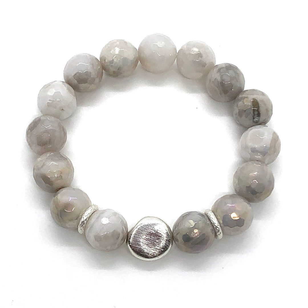 Gray Snowflake Glazed Agate Stretch Bracelet