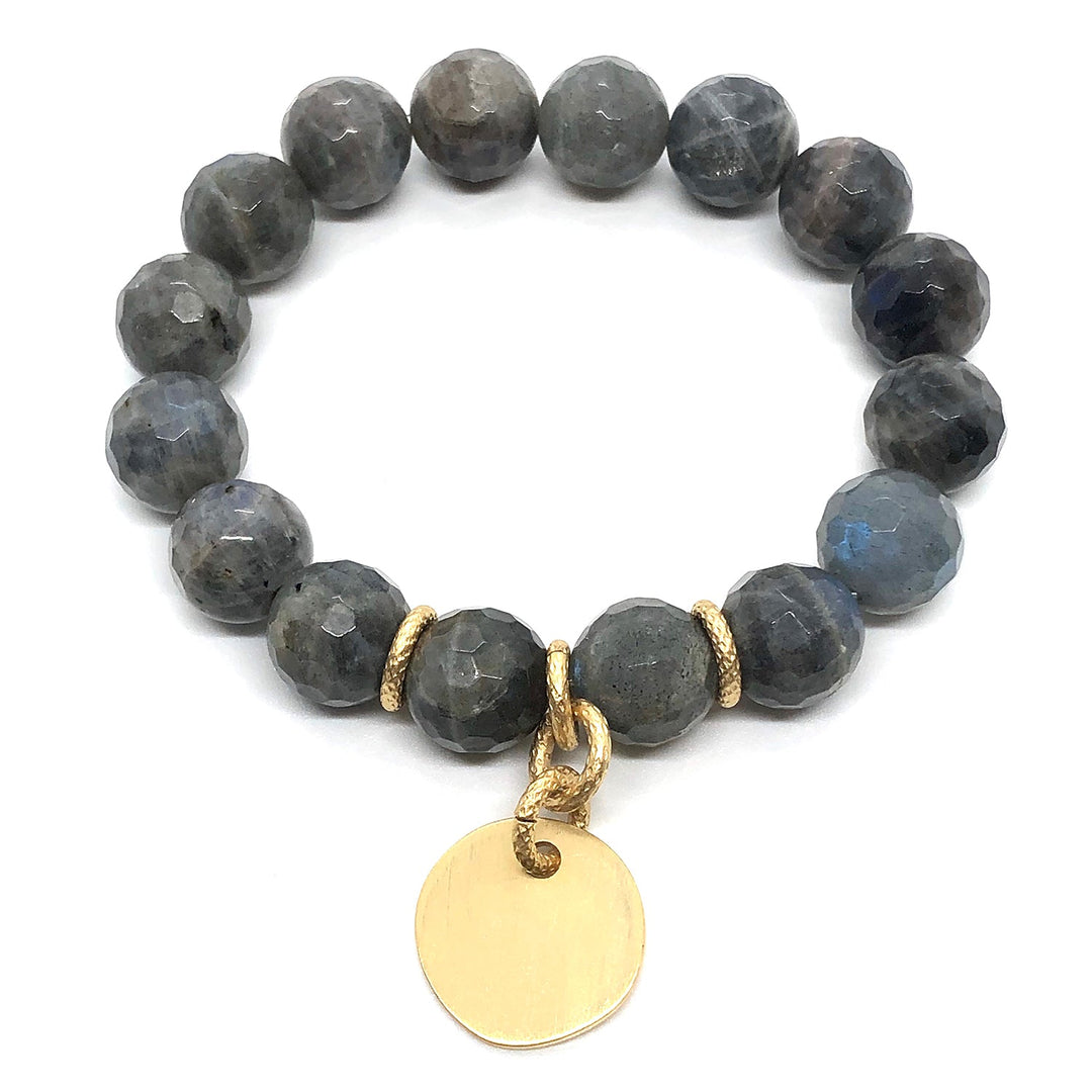 Natural Labradorite With Matte Gold Charm Stretch Bracelet
