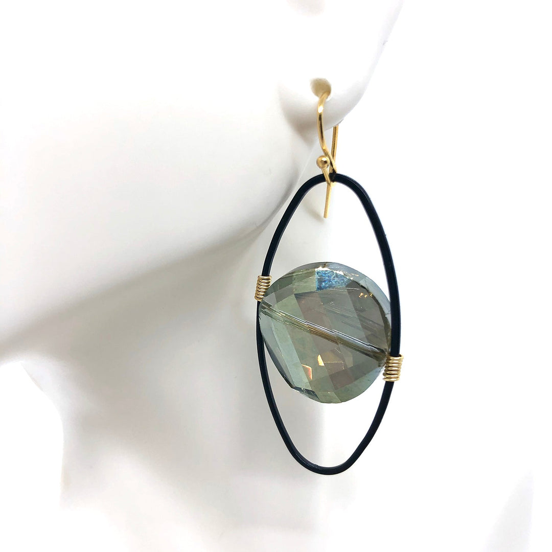 Olive Crystal Oval Matte Black Gold Wrap Matte Earrings