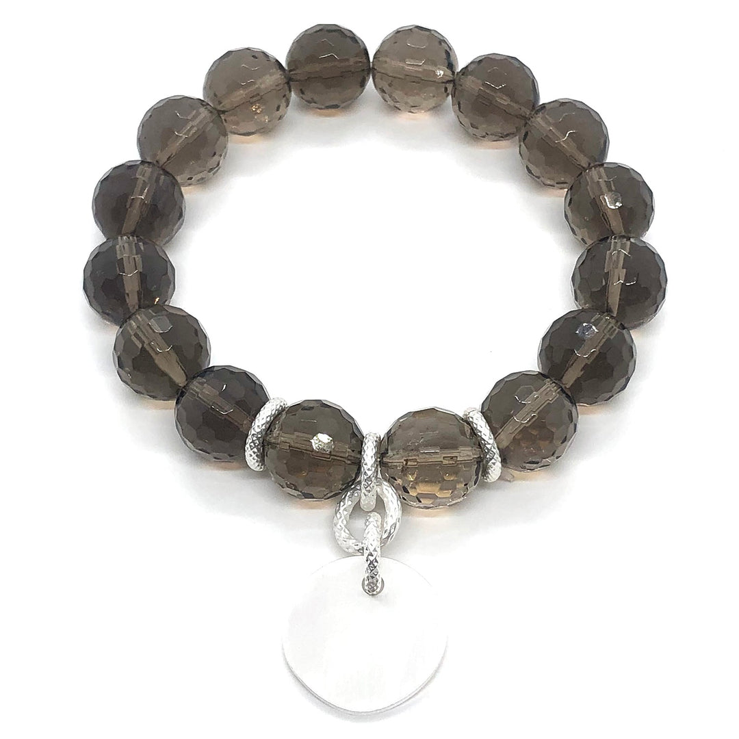Smoke Topaz Matte Silver Charm Stretch Bracelet