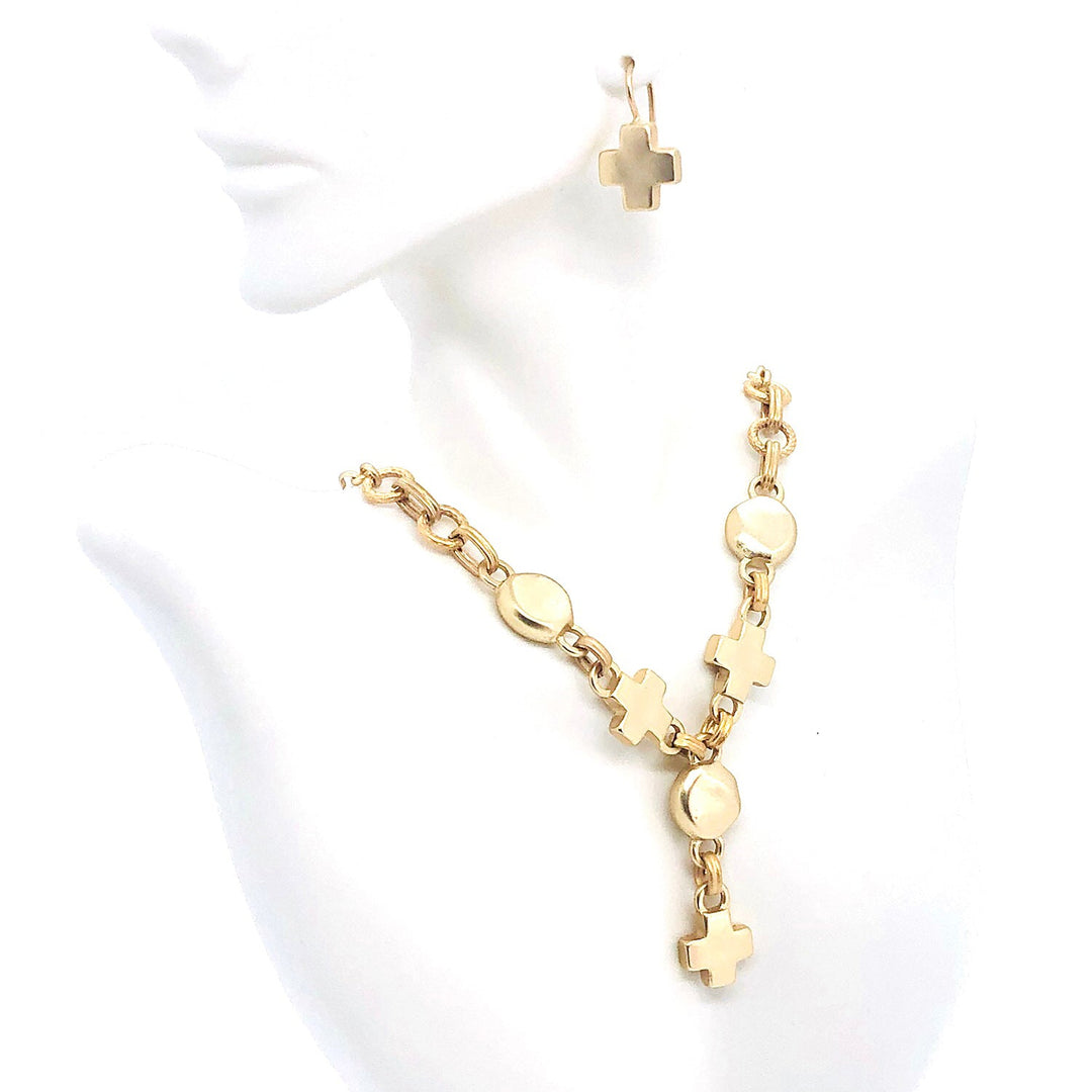 Matte Gold Cross And Flat Pebble Y Necklace