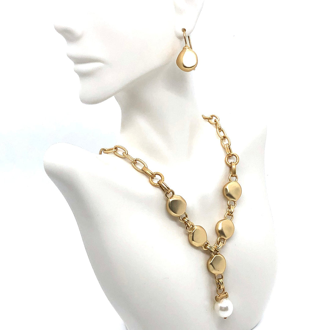 Matte Gold White Glass Pearl And Flat Pebble Y Necklace