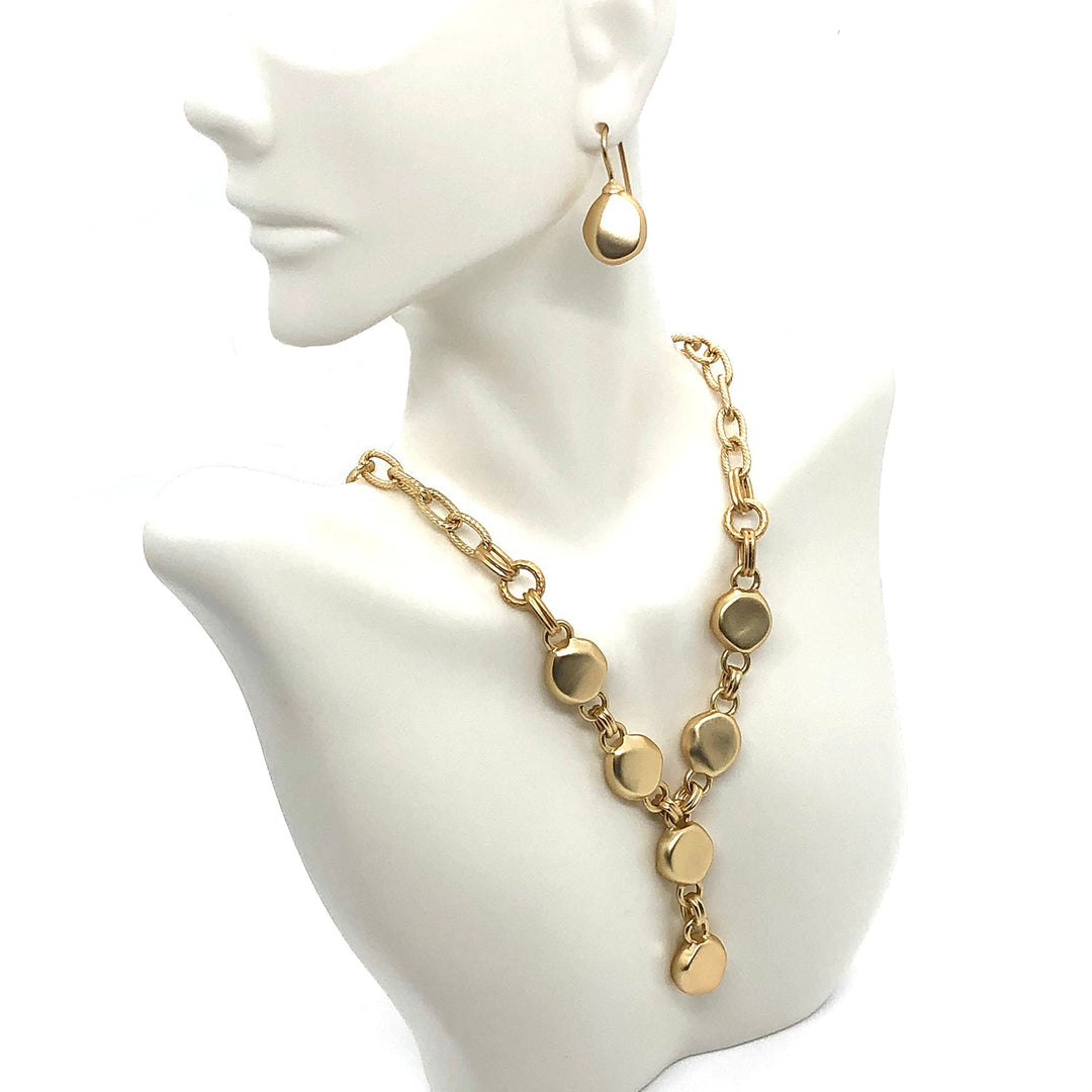 Matte Gold Flat Bead And Flat Pebble Y Necklace