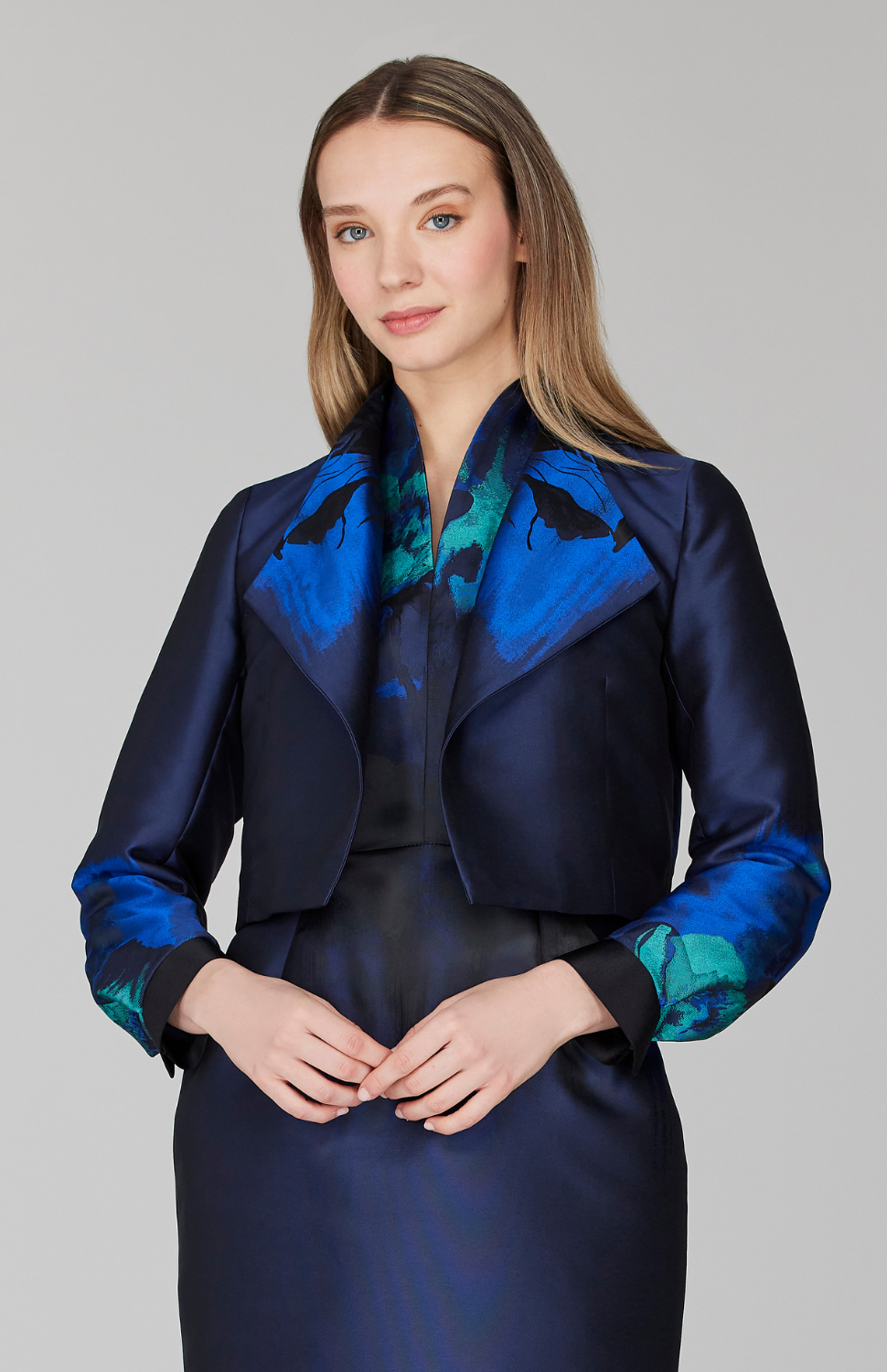short jackets for formal dresses Watercolor Floral Jacquard Jacket w/ Pleat Sleeve 8 / Blue Multi UW classic midi dress
